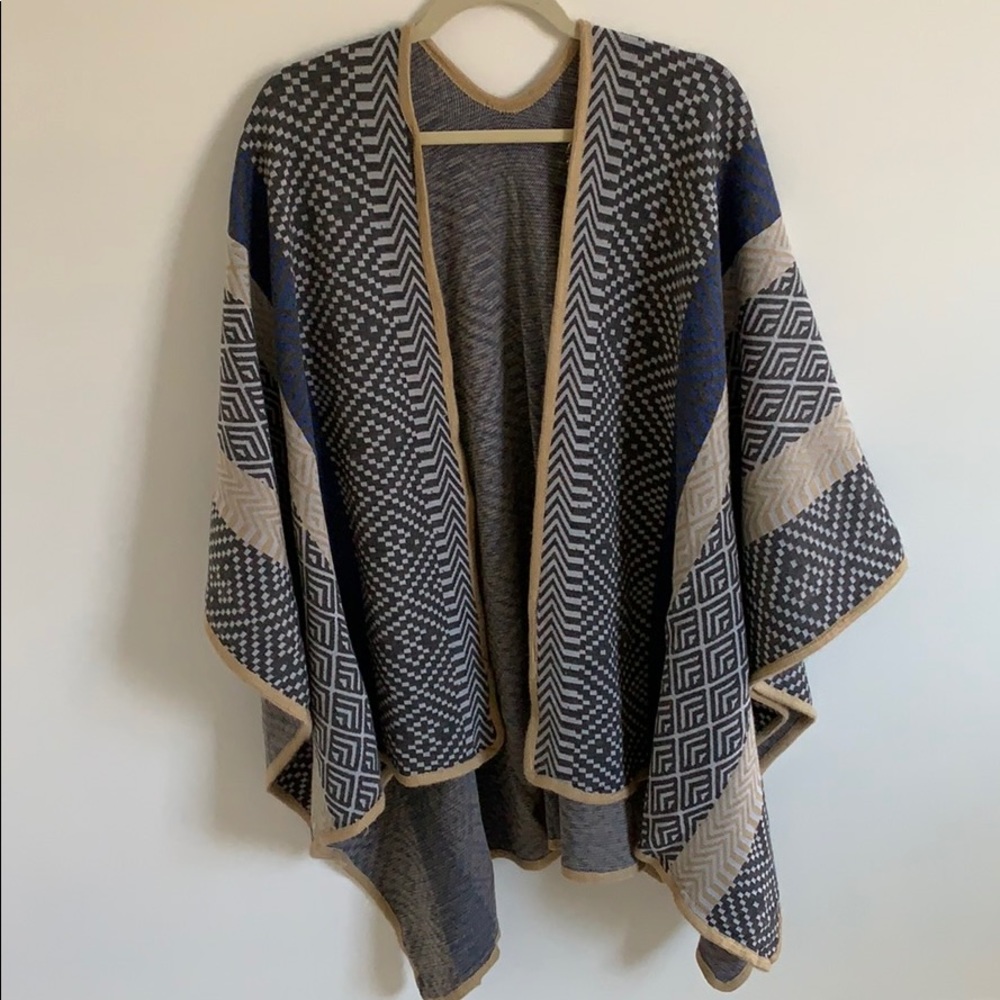 Blue, tan and grey poncho with textile print